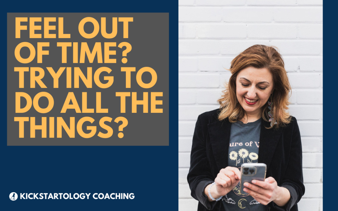 Story Coach Nadine Araksi against white brick wall and holding an iphone with text that says, "Feel out of time? Trying to do all the things?"